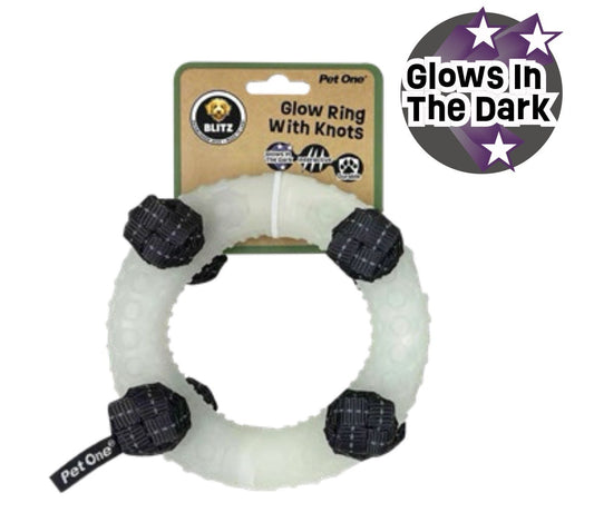 DOG TOY BLITZ GLOW IN THE  DARK RING W KNOTS GREY (LARGE)